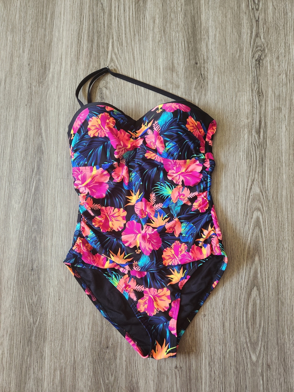 George Black One-Piece Swimsuit with Neon Floral Print, Size 12